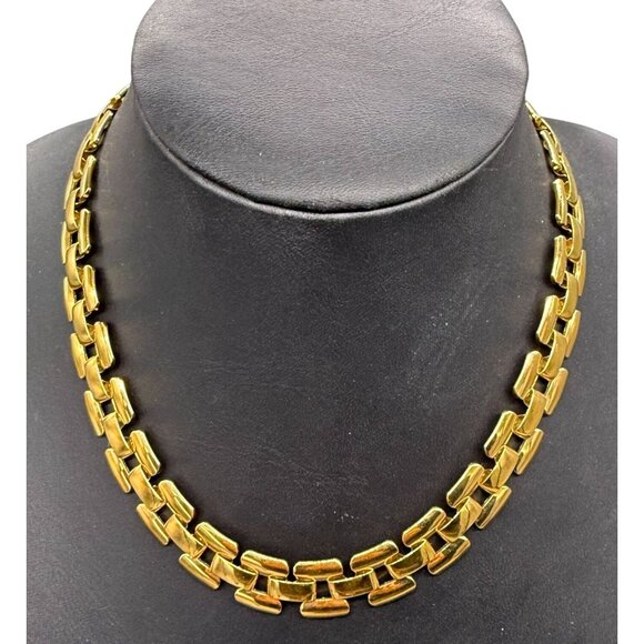 Trifari Jewelry - Vintage Trifari Panther Square Geometric Link Chain Choker Necklace Gold Tone